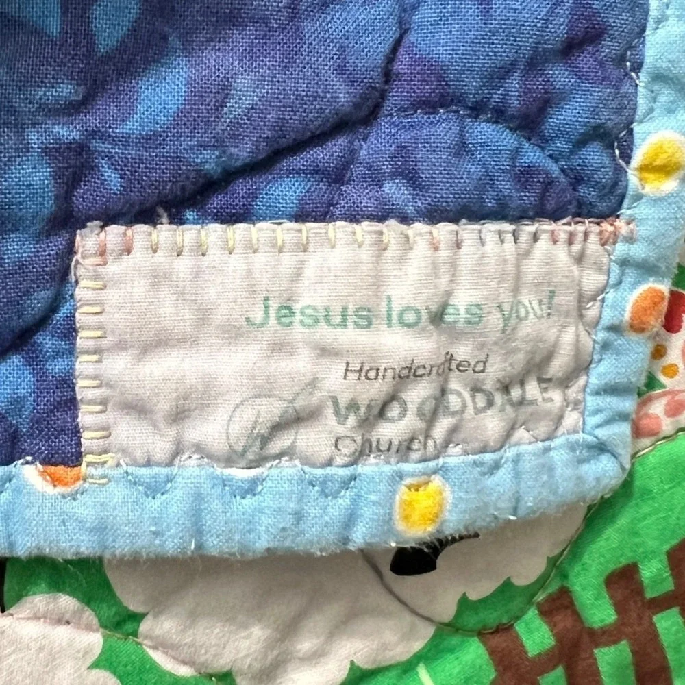 Handmade Baby Quilt Animal Patchwork Teddy Bear Kitten Sheep Blue Nursery 46x56